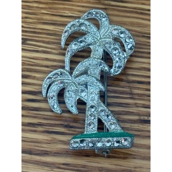 Vintage Brooch Tropical Tree Clear Color Rhinestones and Green Enamel - Picture 1 of 5